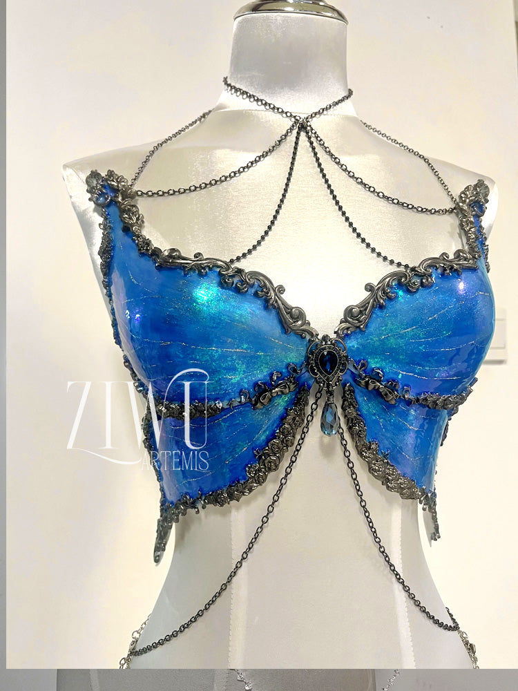 ZIWU ARTEMIS SAPPHIRE BLUE GLAZE BUTTERFLY SHELLS RESIN TOP COSTUME PATENT-PROTECTED