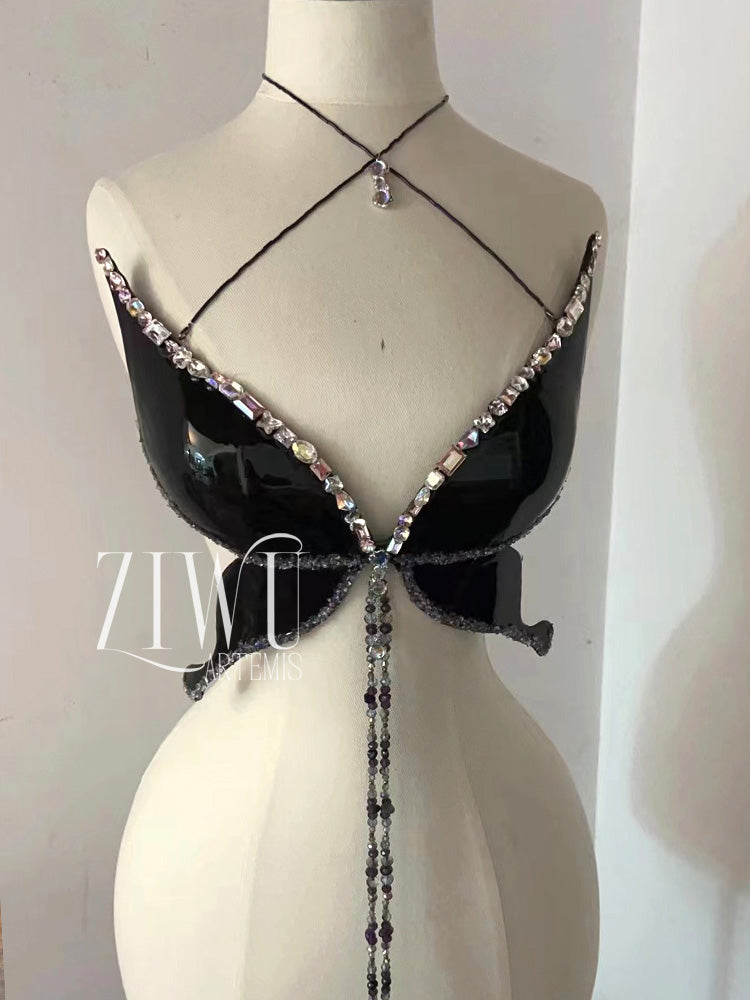 ZIWU ARTEMIS BLACK SPARKLING RHINESTONE BUTTERFLY RESIN TOP COSTUME PATENT-PROTECTED