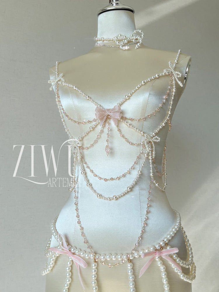 ZIWU ARTEMIS DANSEUSE WHOLE-BODY PEARL BOW DIAMOND CHAIN CORSET BRA TOP COSTUME PATENT-PROTECTED