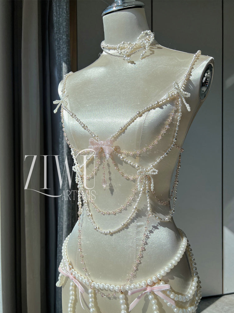 ZIWU ARTEMIS DANSEUSE WHOLE-BODY PEARL BOW DIAMOND CHAIN CORSET BRA TOP COSTUME PATENT-PROTECTED