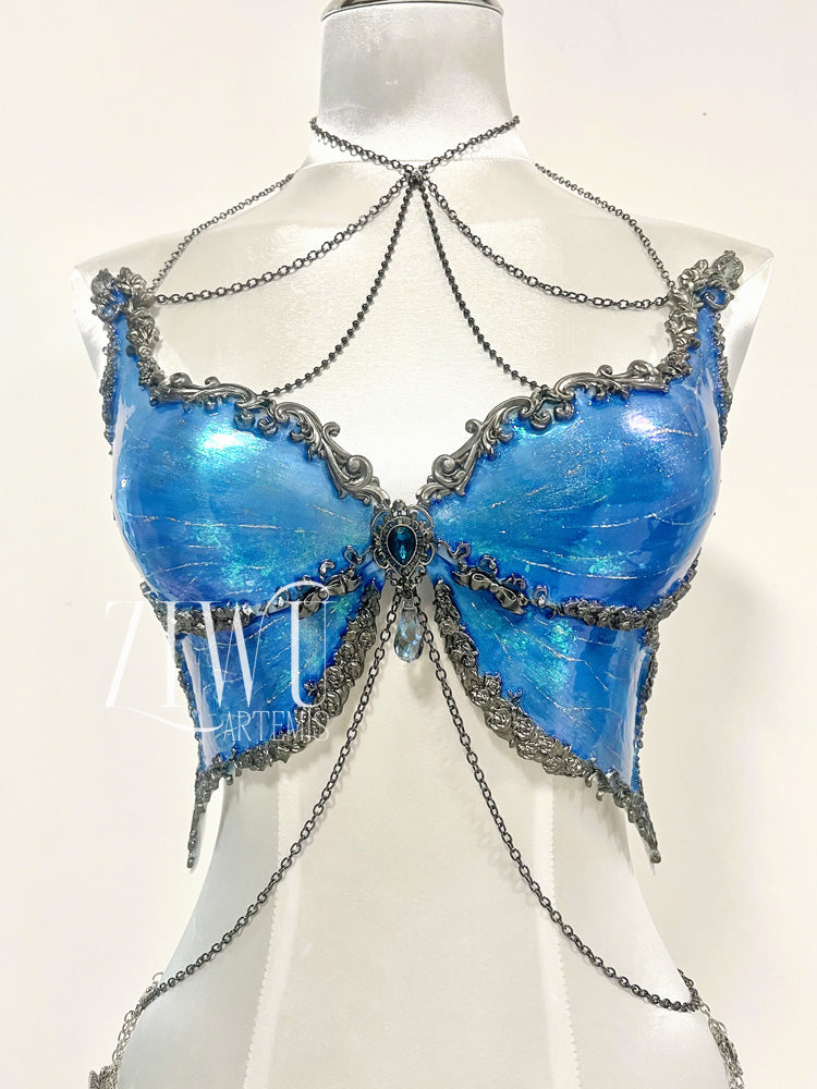 ZIWU ARTEMIS SAPPHIRE BLUE GLAZE BUTTERFLY SHELLS RESIN TOP COSTUME PATENT-PROTECTED