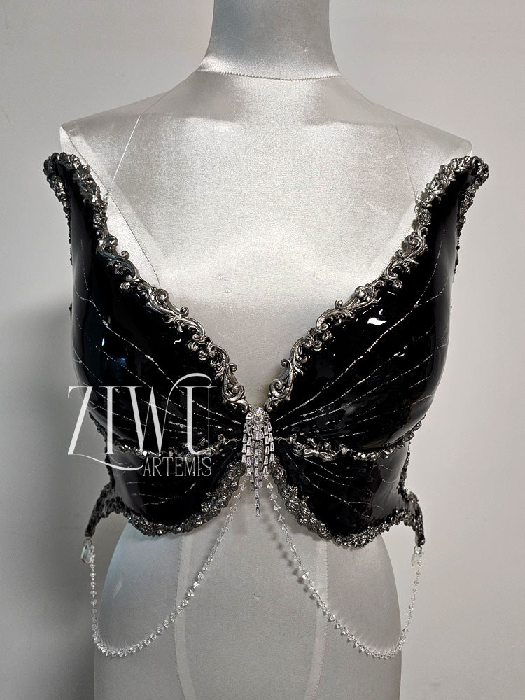 ZIWU ARTEMIS BLACK GLAZE BUTTERFLY SHELLS RESIN TOP COSTUME PATENT-PROTECTED