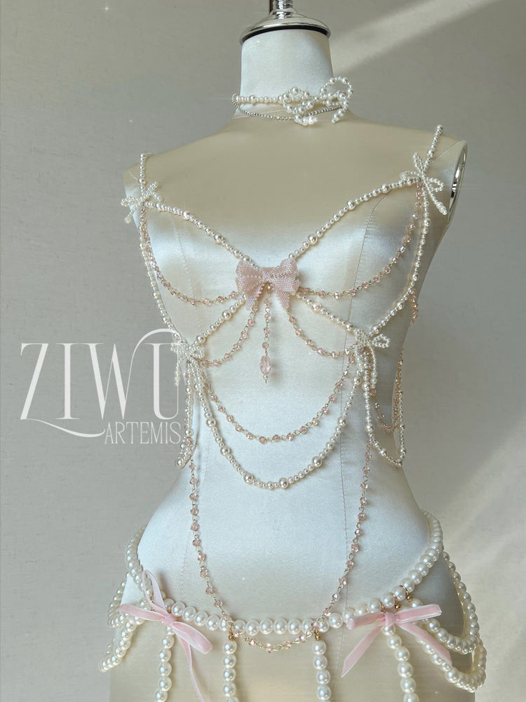 ZIWU ARTEMIS DANSEUSE WHOLE-BODY PEARL BOW DIAMOND CHAIN CORSET BRA TOP COSTUME PATENT-PROTECTED