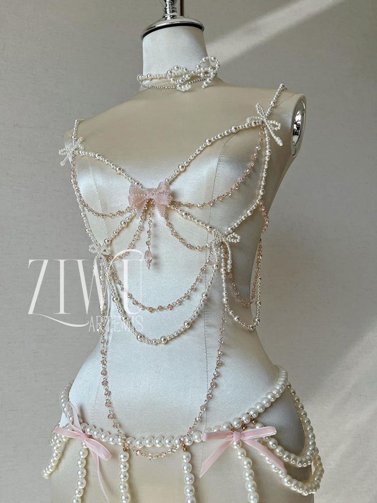 ZIWU ARTEMIS DANSEUSE WHOLE-BODY PEARL BOW DIAMOND CHAIN CORSET BRA TOP COSTUME PATENT-PROTECTED