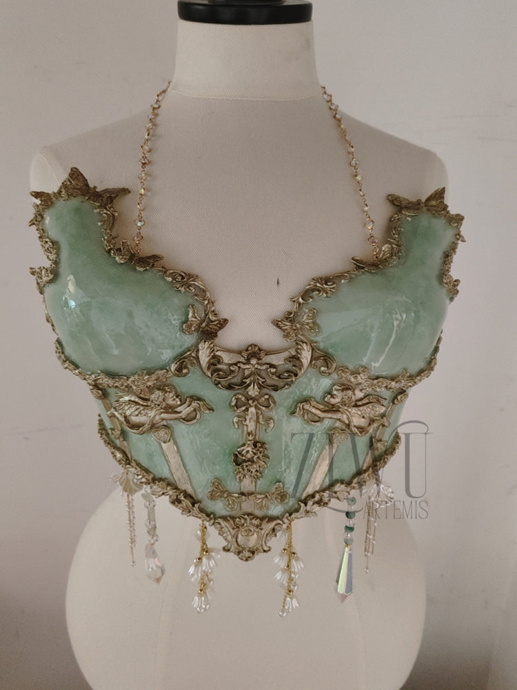 ZIWU ARTEMIS GREEN OPAL BONES RESIN CORSET BRA TOP COSTUME PATENT-PROTECTED