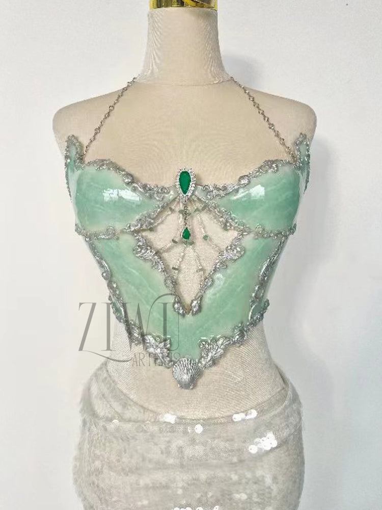 ZIWU ARTEMIS LIGHT GREEN TOPAZ GEMSTONE FISHBONE BUSTIER RESIN CORSET BRA TOP COSTUME PATENT-PROTECTED