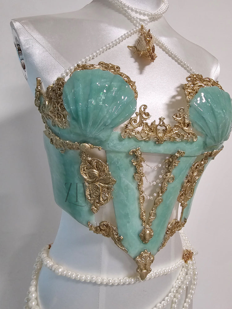 ZIWU ARTEMIS OLIVE GREEN VINTAGE PALACE SHELL RESIN CORSET BRA TOP COSTUME PATENT-PROTECTED