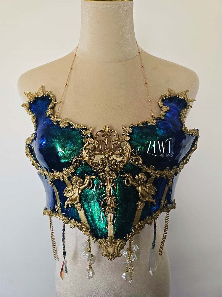 ZIWU ARTEMIS ROYAL EMERALD GREEN GOLD EDGE MARBLE RESIN CORSET BRA TOP COSTUME PATENT-PROTECTED