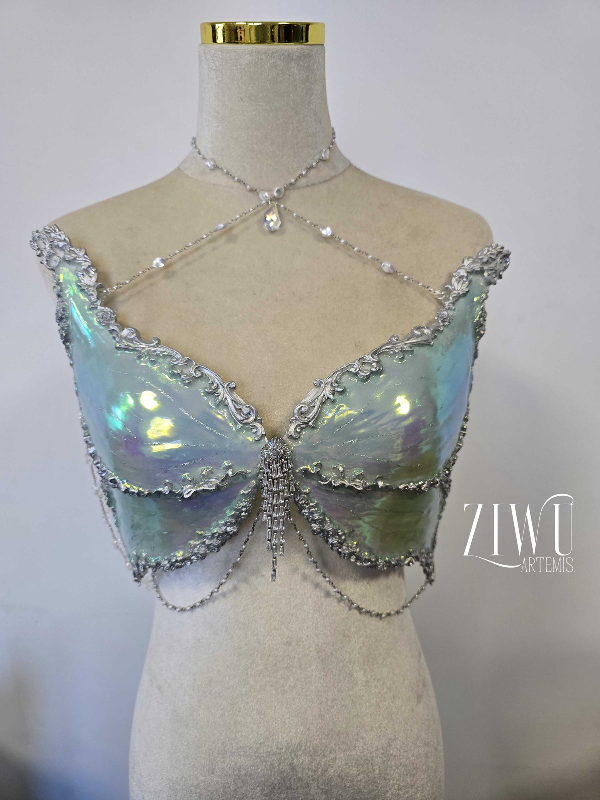 ZIWU ARTEMIS DREAMY LAKE BLUE SILVER BUTTERFLY SHELL RESIN TOP COSTUME PATENT-PROTECTED