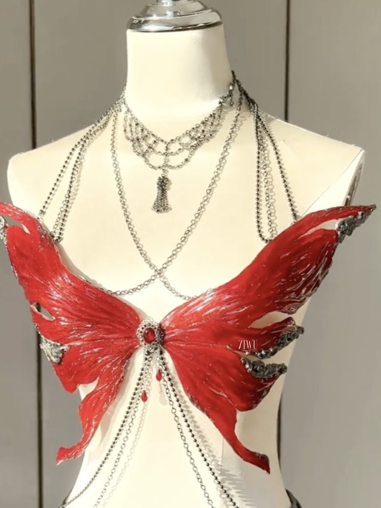 ZIWU ARTEMIS BLOOD RED FILIGREE BUTTERFLY RESIN TOP COSTUME PATENT-PROTECTED
