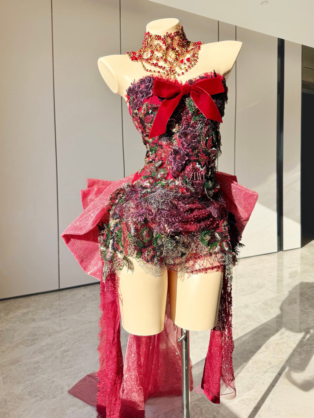 ZIWU ARTEMIS CRIMSON BOW FLORAL ENSEMBLE COSTUME PATENT-PROTECTED