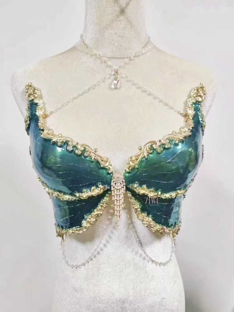 ZIWU ARTEMIS DARK GREEN FANTASY SILVER BUTTERFLY SHELL RESIN TOP COSTUME PATENT-PROTECTED
