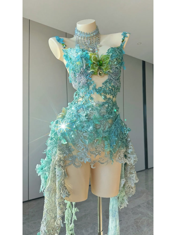 ZIWU ARTEMIS EMERALD TIDES IN SILVER EMPRESS DRESS ENSEMBLE COSTUME PATENT-PROTECTED