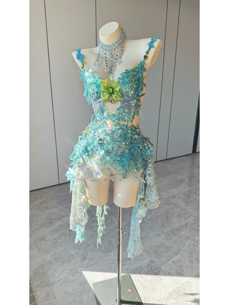 ZIWU ARTEMIS EMERALD TIDES IN SILVER EMPRESS DRESS ENSEMBLE COSTUME PATENT-PROTECTED