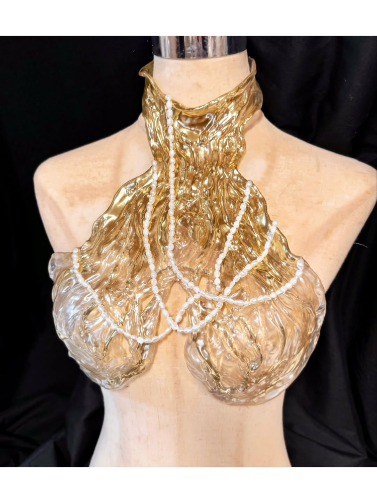 ZIWU ARTEMIS GILDED FLOWING SPRING WATER PEARLS RESIN TOP COSTUME PATENT-PROTECTED