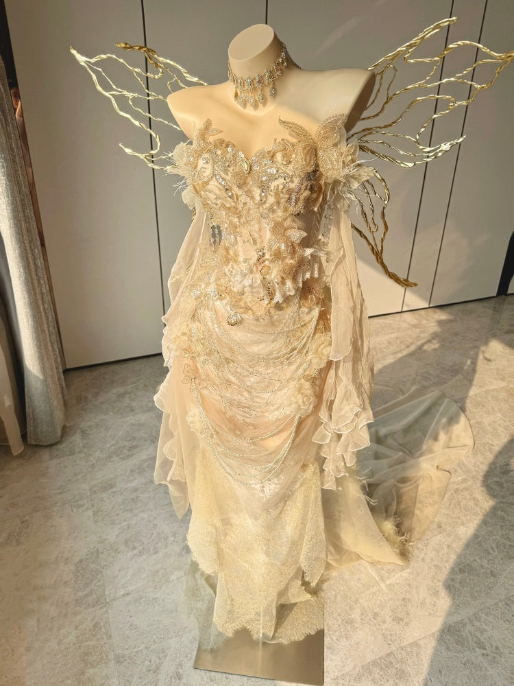 ZIWU ARTEMIS GOLD WINGED LACE TRAIN DRESS ENSEMBLE COSTUME PATENT-PROTECTED