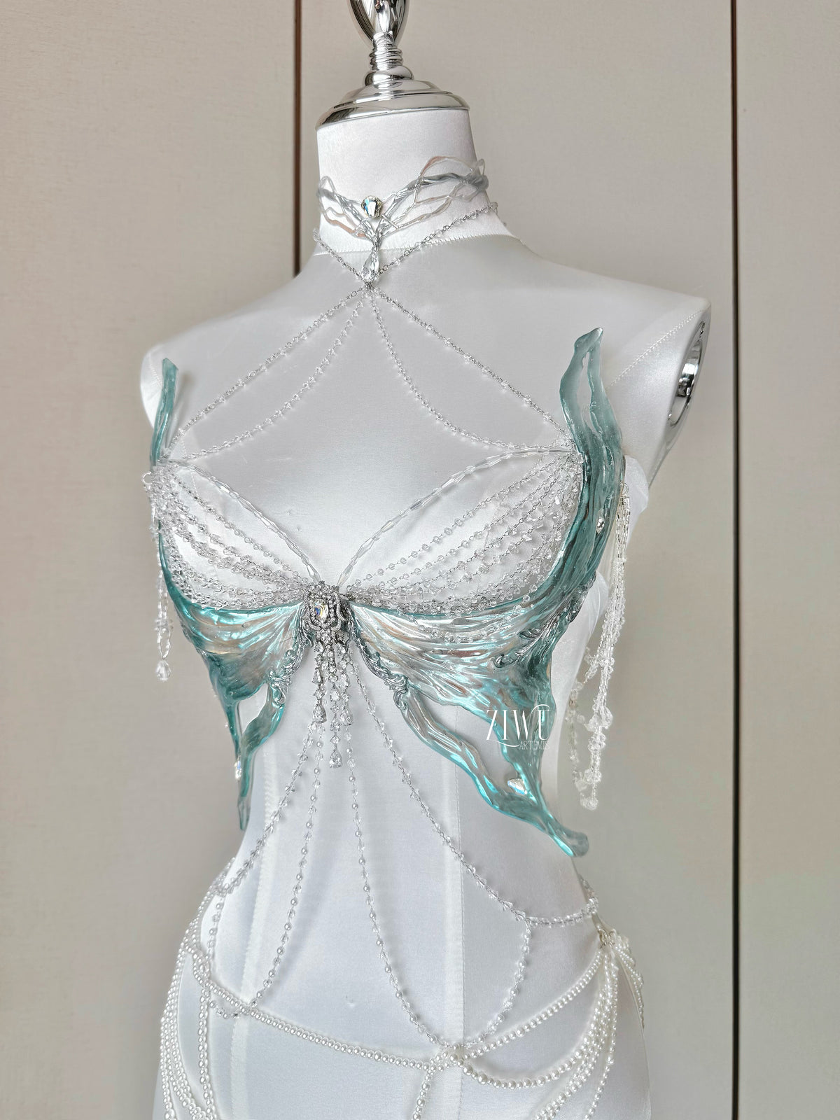 ZIWU ARTEMIS TEAL ICE CRYSTALS RESIN MERMAID CORSET BRA TOP COSPLAY COSTUME PATENT-PROTECTED