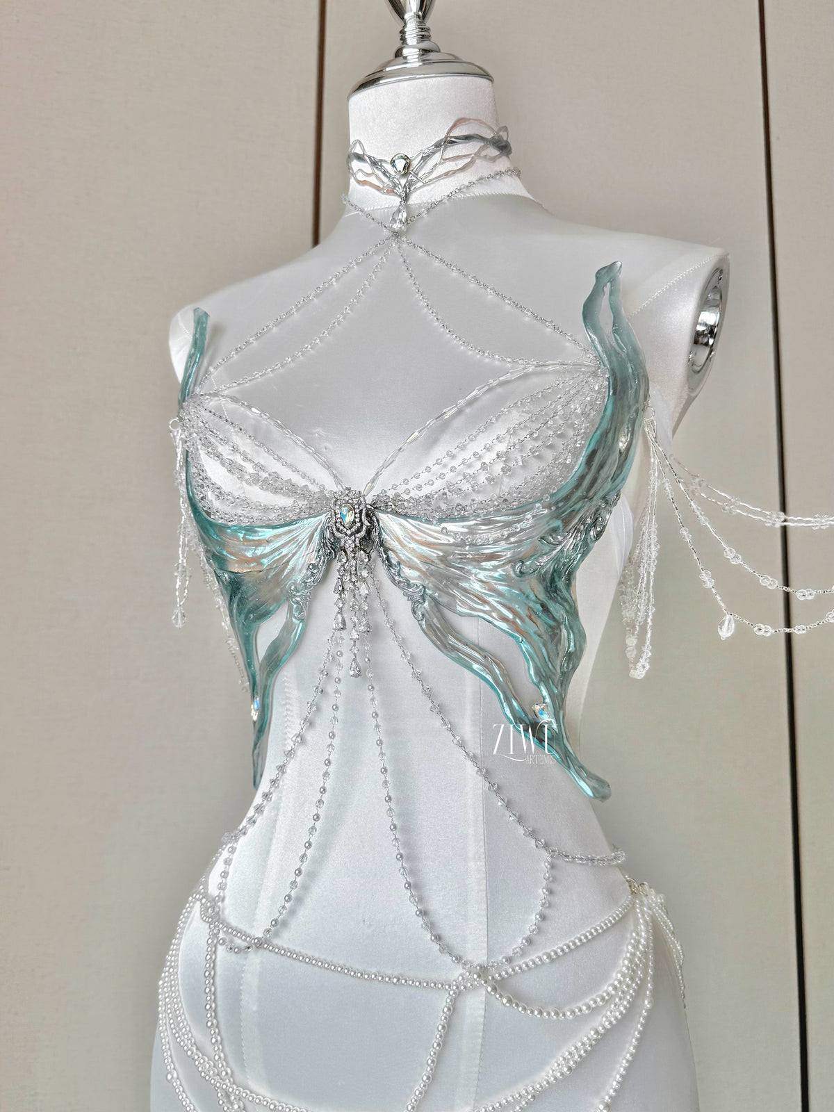 ZIWU ARTEMIS TEAL ICE CRYSTALS RESIN MERMAID CORSET BRA TOP COSPLAY COSTUME PATENT-PROTECTED