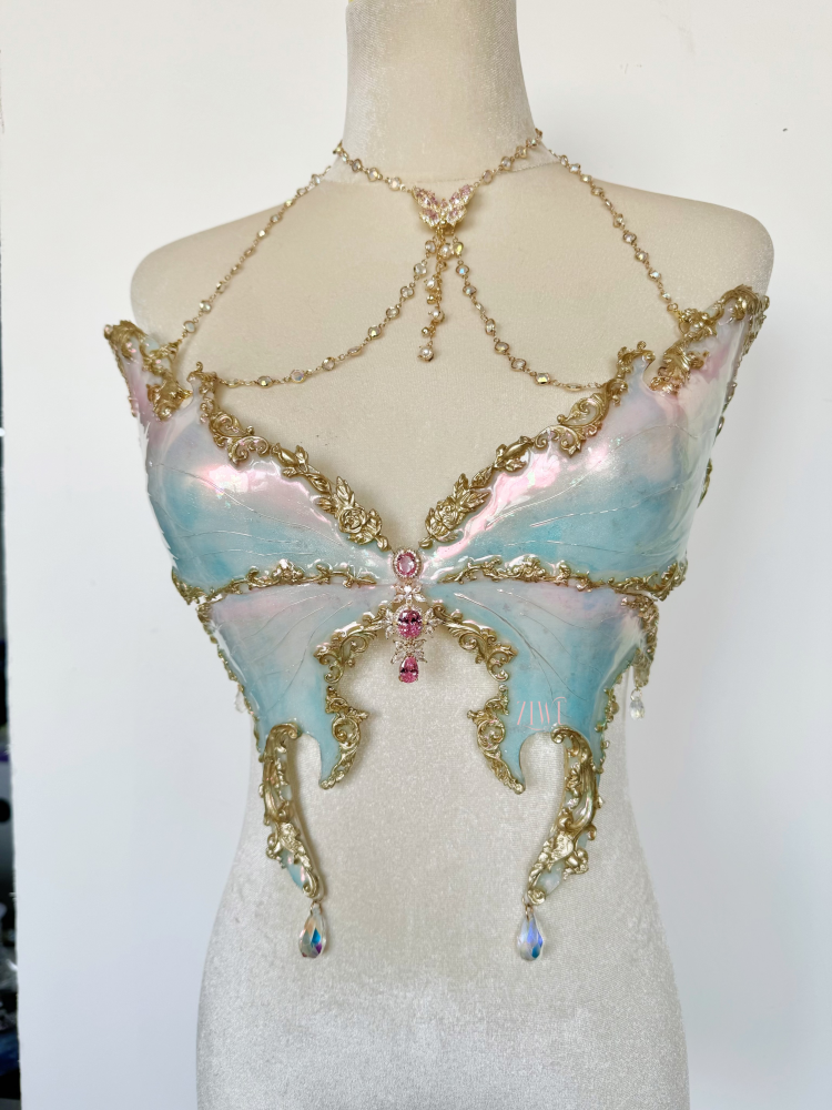 ZIWU ARTEMIS IRIDESCENT LIGHT BLUE LUNA MOTH RESIN TOP COSTUME PATENT-PROTECTED