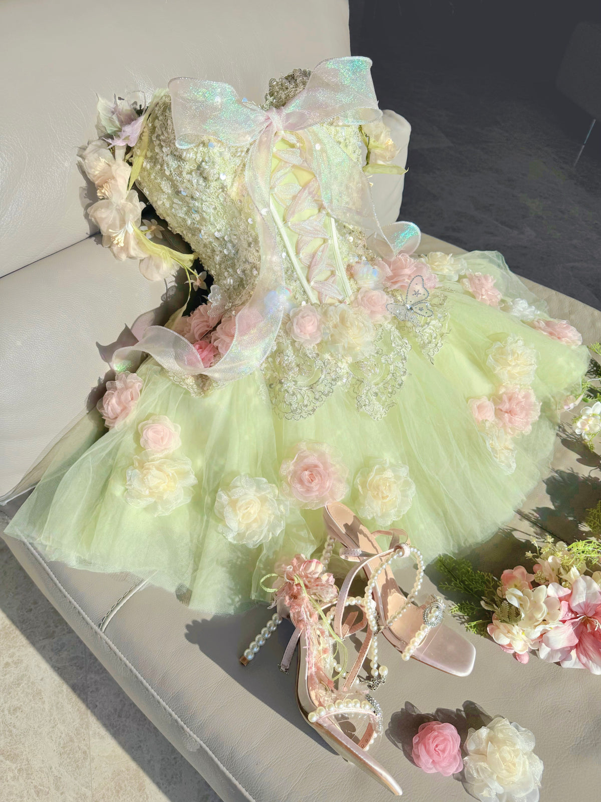 ZIWU ARTEMIS PALE LIME FLORAL TULLE DRESS COSTUME PATENT-PROTECTED