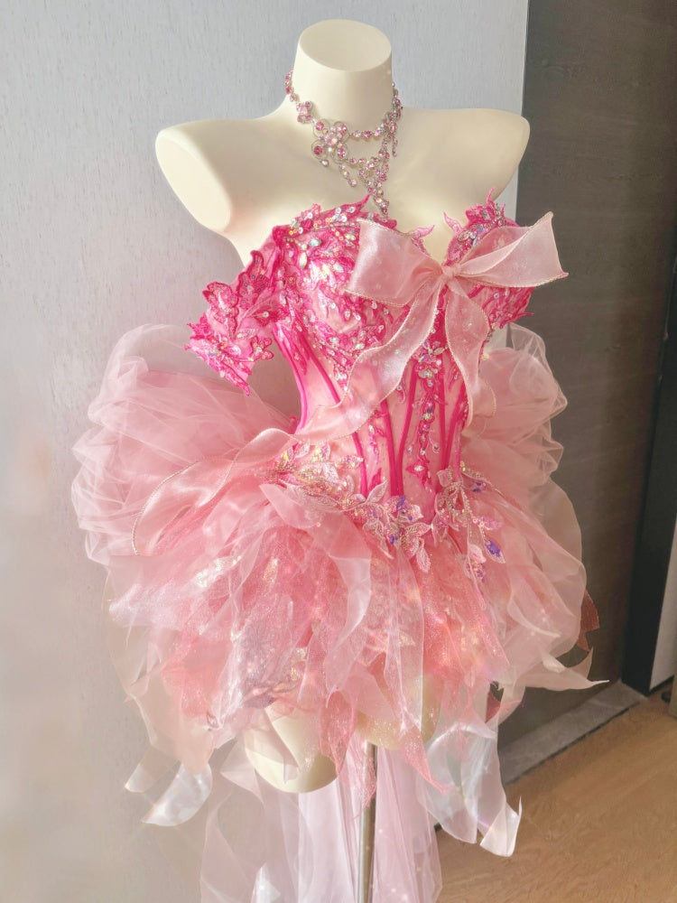 ZIWU ARTEMIS PINK RUFFLED TULLE TRAIN DRESS ENSEMBLE COSTUME PATENT-PROTECTED