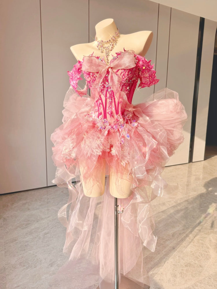 ZIWU ARTEMIS PINK RUFFLED TULLE TRAIN DRESS ENSEMBLE COSTUME PATENT-PROTECTED