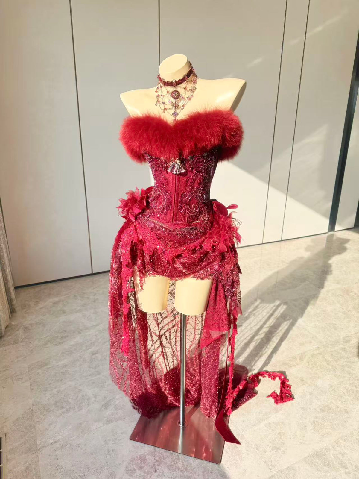 ZIWU ARTEMIS RUBY FUR LACE WRAP DRESS COSTUME PATENT-PROTECTED