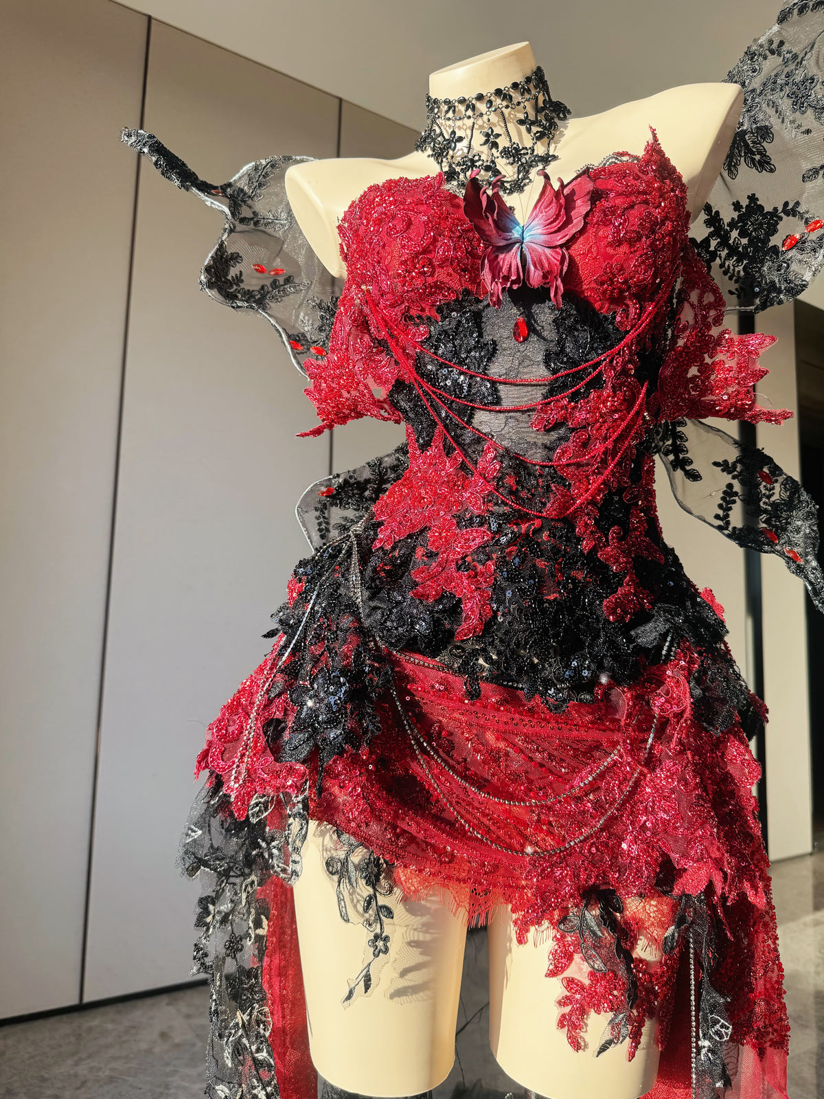 ZIWU ARTEMIS SCARLET BLACK GEM LACE SET ENSEMBLE COSTUME PATENT-PROTECTED