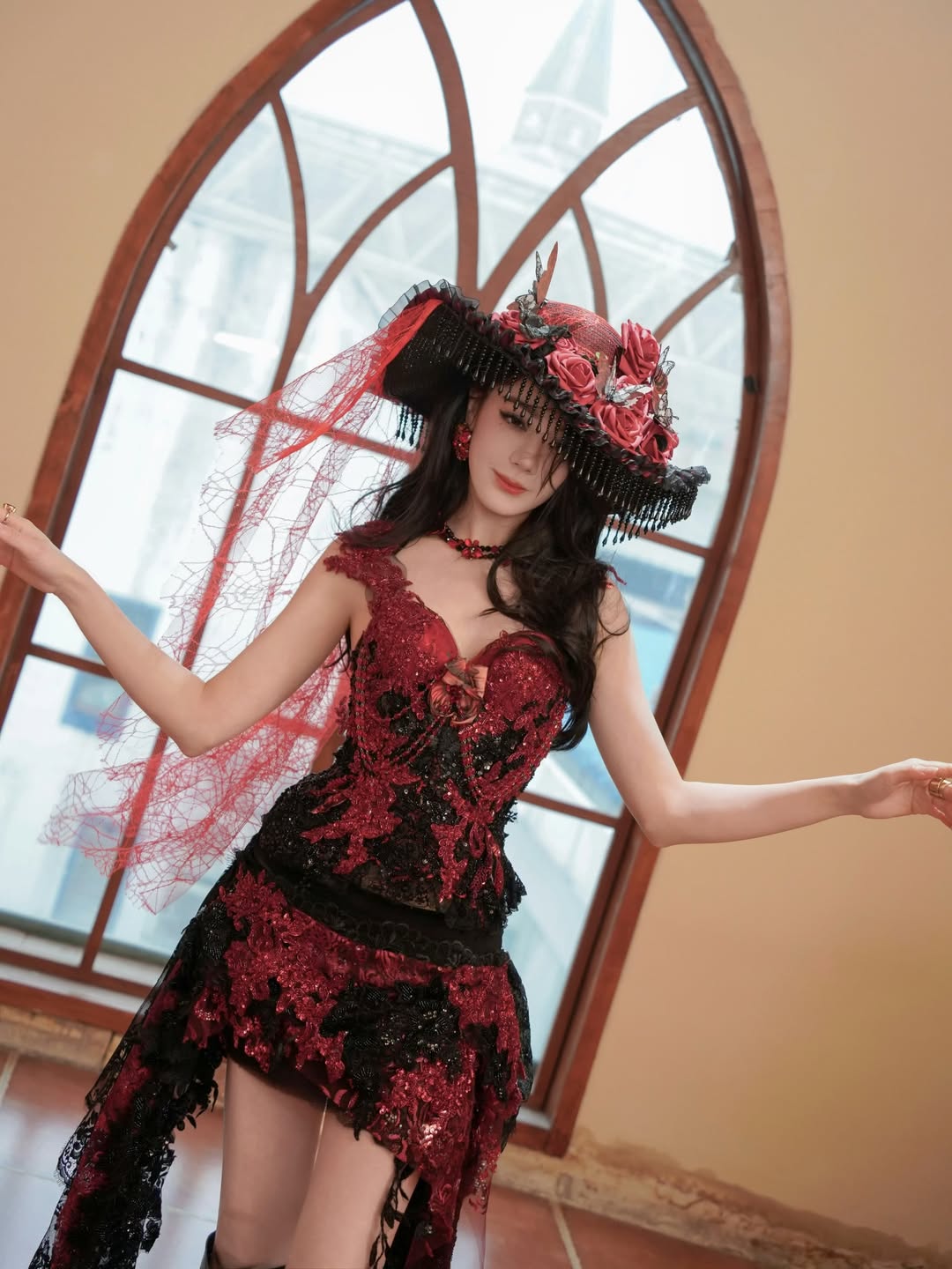ZIWU ARTEMIS SCARLET BLACK GEM LACE SET ENSEMBLE COSTUME PATENT-PROTECTED
