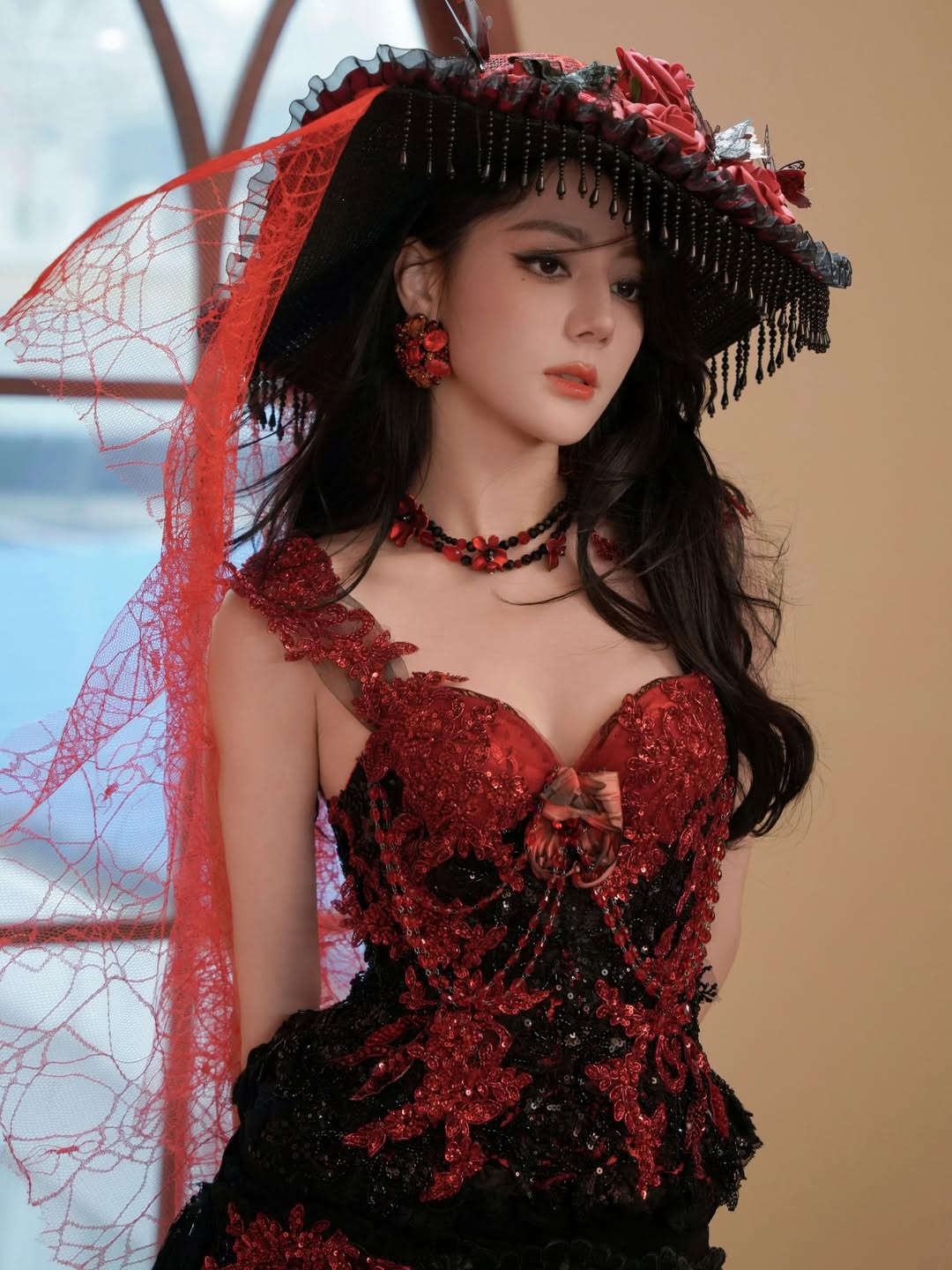 ZIWU ARTEMIS SCARLET BLACK GEM LACE SET ENSEMBLE COSTUME PATENT-PROTECTED