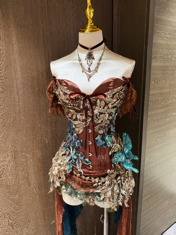 ZIWU ARTEMIS SEPIA FLORAL BUTTERFLY ENSEMBLE TOP COSTUME PATENT-PROTECTED