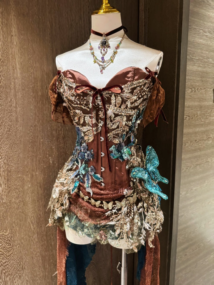 ZIWU ARTEMIS SEPIA FLORAL BUTTERFLY ENSEMBLE TOP COSTUME PATENT-PROTECTED