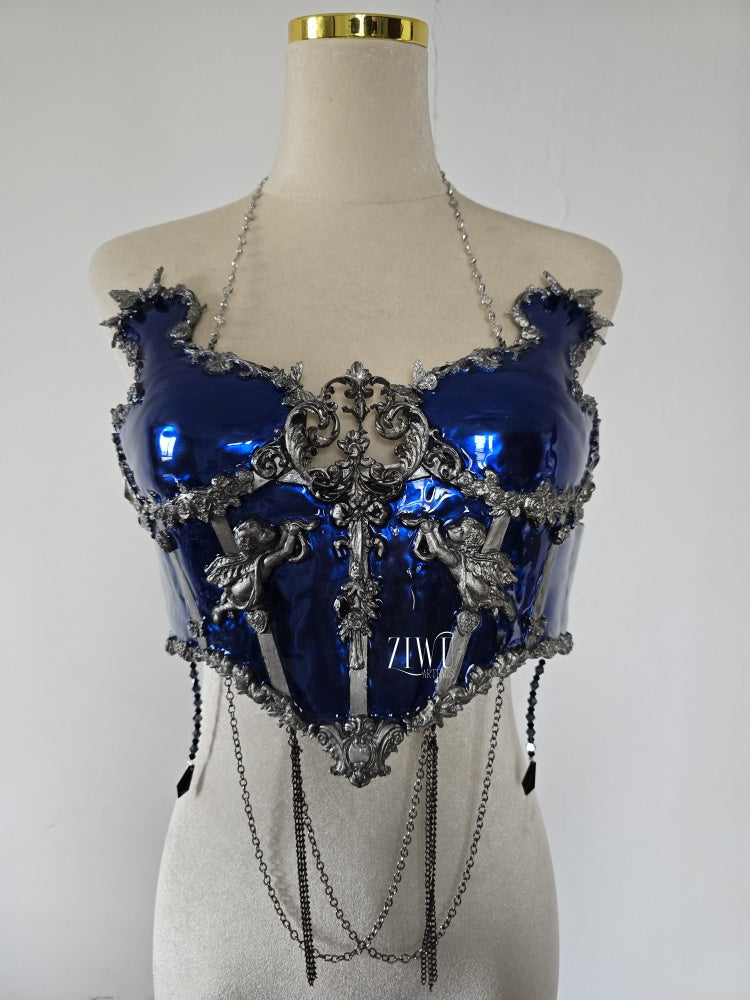 ZIWU ARTEMIS ROYAL BLUE SILVER EDGES MARBLE RESIN CORSET BRA TOP COSTUME PATENT-PPROTECTED